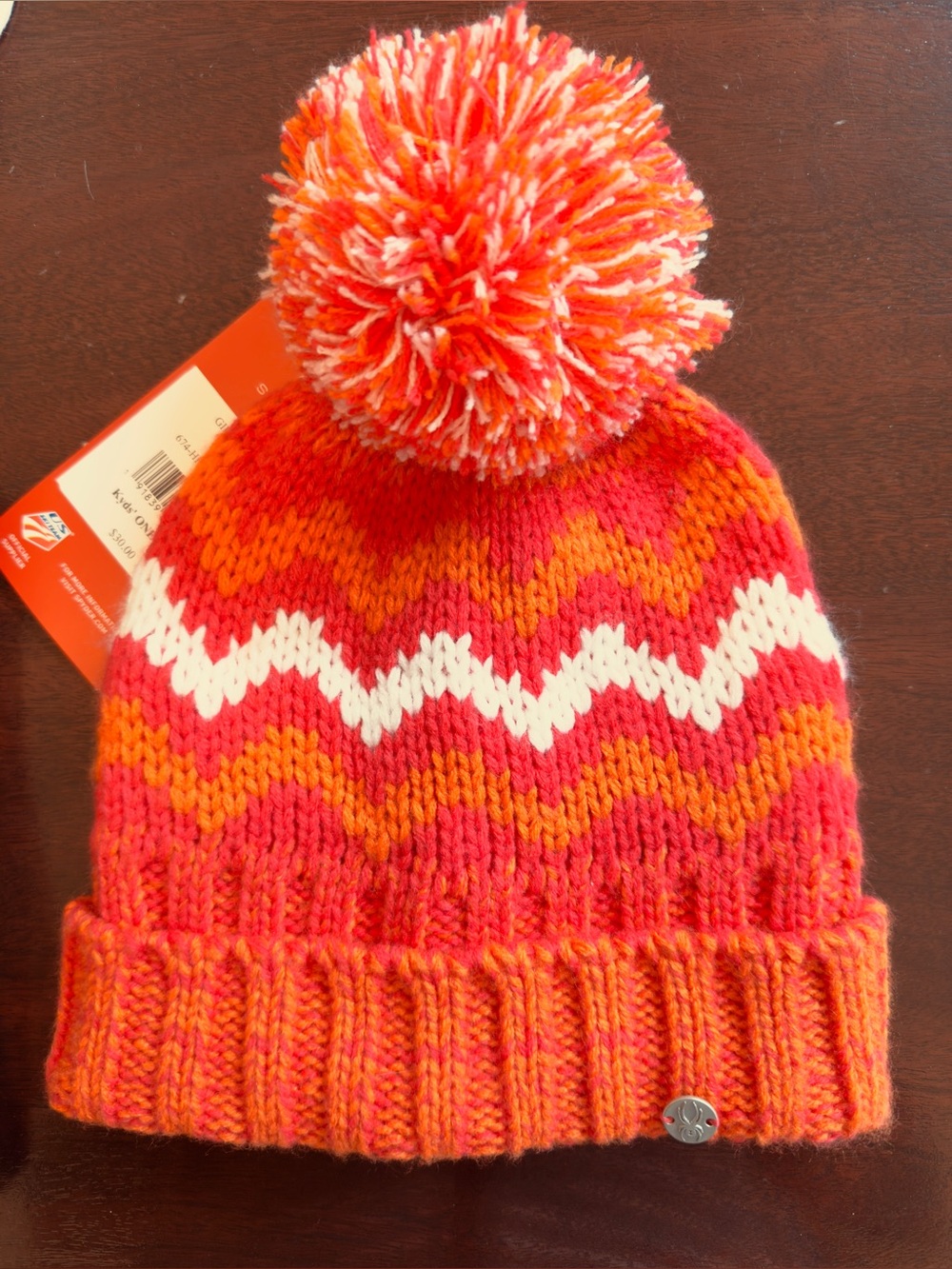 Spyder Girls Prism Beanie Hat Coral Orange White Chevron Pom NWT